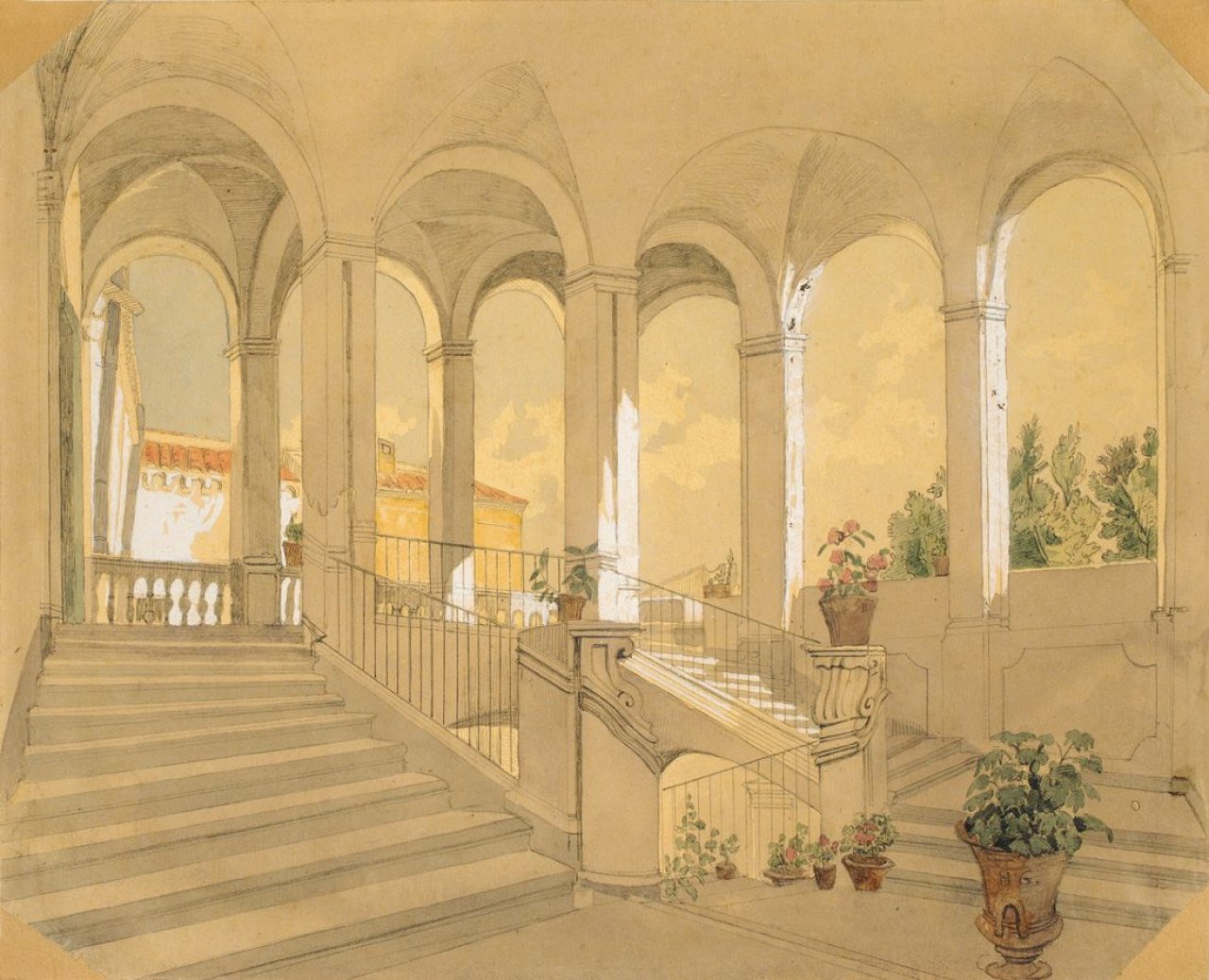 Auf diesem Bild ist das folgende Kunstwerk zu sehen: Carl Wilhelm Götzloff. Italienisches Treppenhaus.