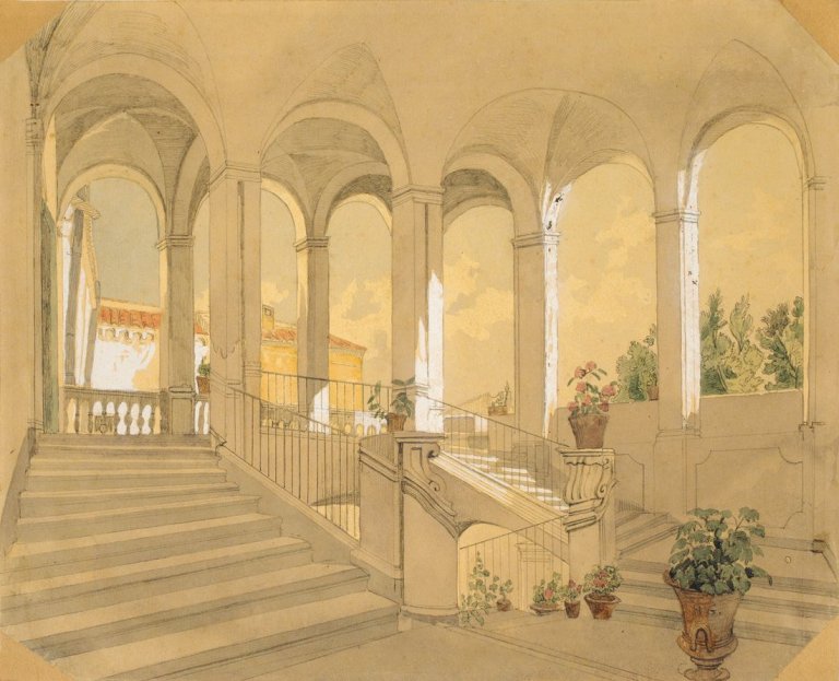 Auf diesem Bild ist das folgende Kunstwerk zu sehen: Carl Wilhelm Götzloff. Italienisches Treppenhaus.