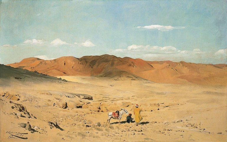 Auf diesem Bild ist das folgende Kunstwerk zu sehen: Wilhelm Kuhnert. Wüstenlandschaft mit Beduinen (Kairo). 1891.