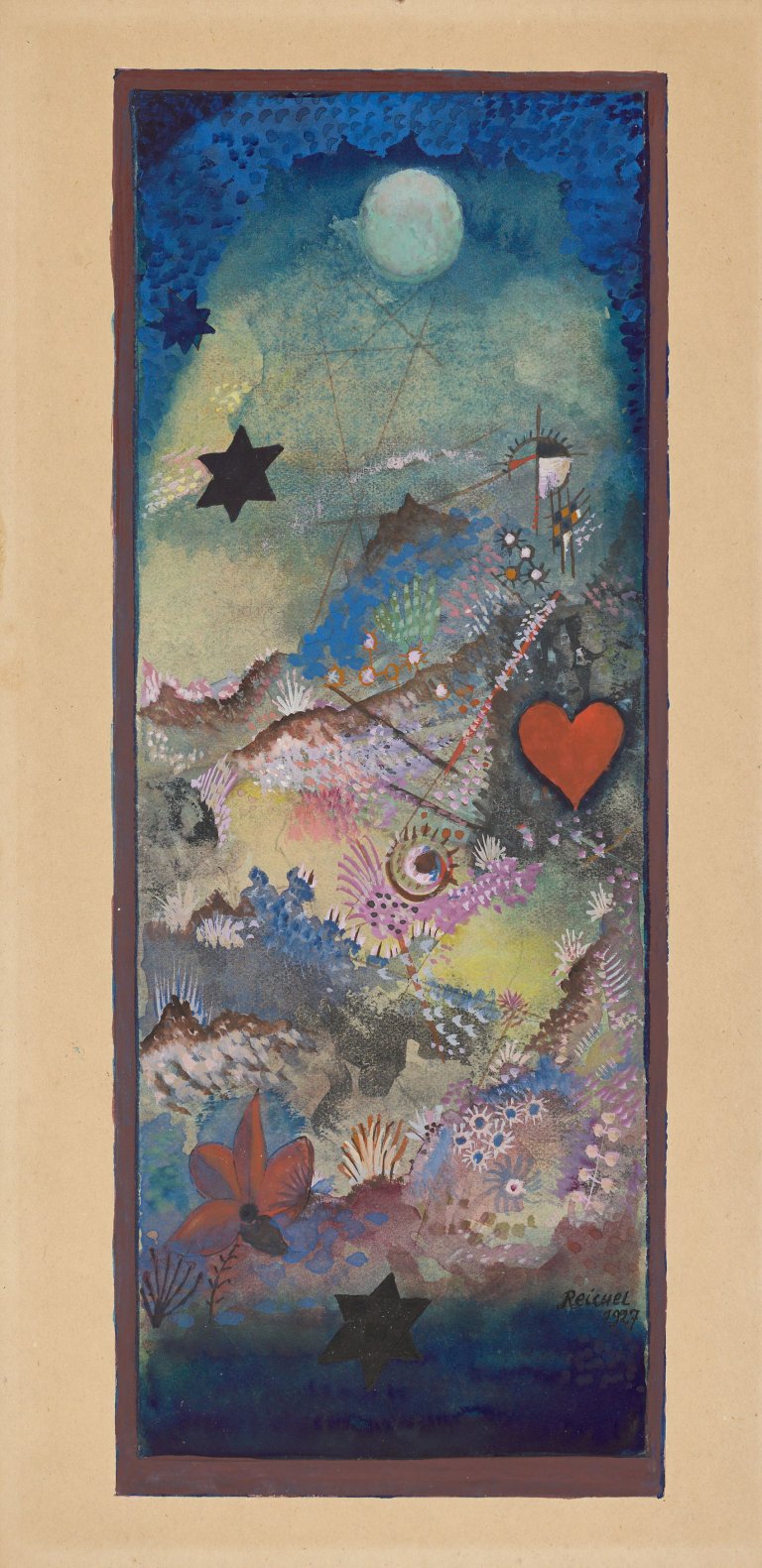 Auf diesem Bild ist das folgende Kunstwerk zu sehen: Hans Reichel. Mondbeschienene Landschaft mit Herz. 1927.