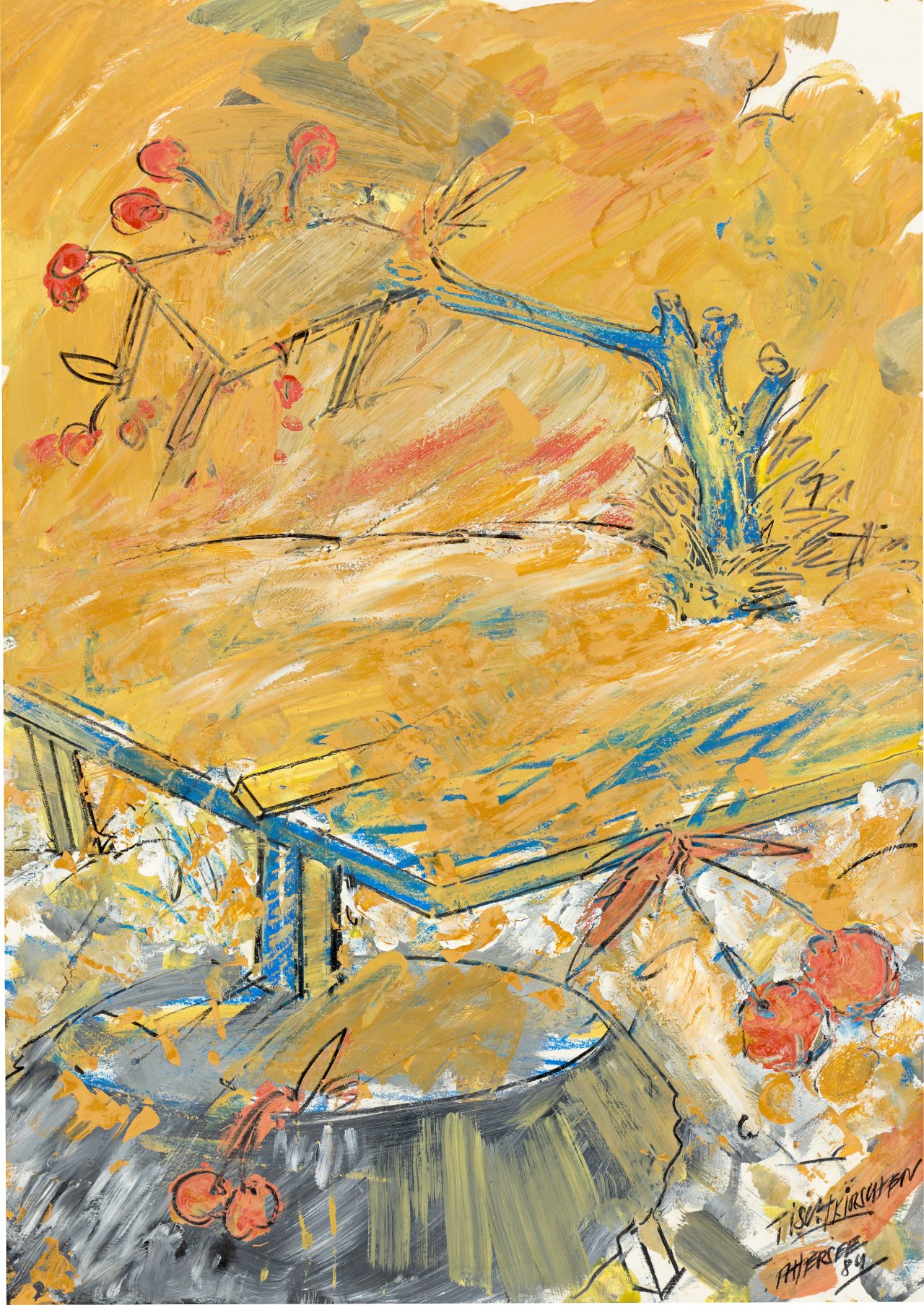 Auf diesem Bild ist das folgende Kunstwerk zu sehen: Christian Ludwig Attersee. „Tischkirschen“. 1984.