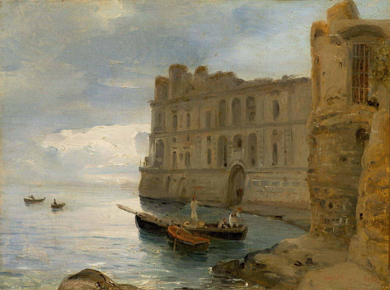 Auf diesem Bild ist das folgende Kunstwerk zu sehen:  Französisch, um 1820. Fischerboote vor dem Palazzo Donn' Anna in Neapel.