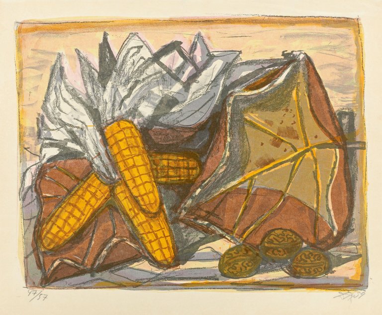 Auf diesem Bild ist das folgende Kunstwerk zu sehen: Otto Dix. „Stilleben mit Mais“. 1959.