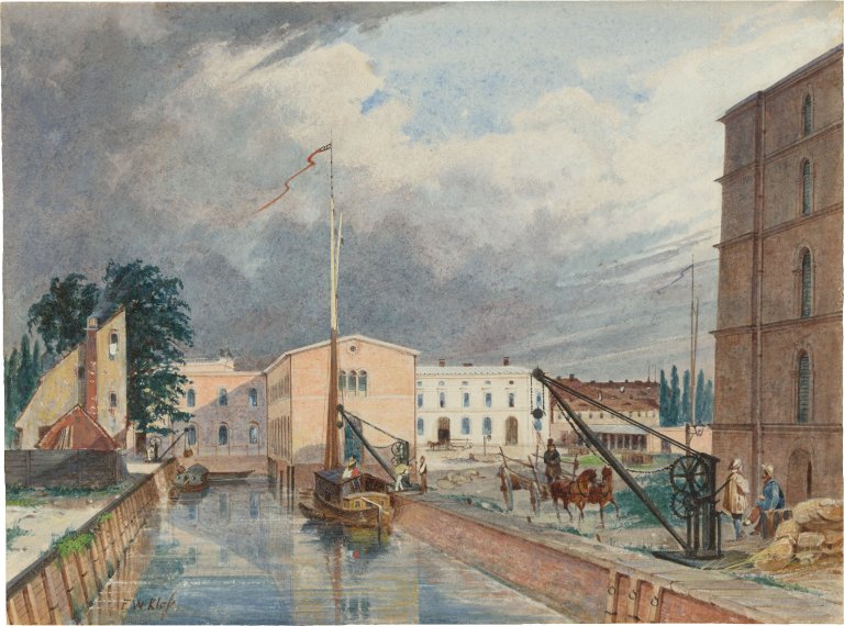 Auf diesem Bild ist das folgende Kunstwerk zu sehen: Friedrich Wilhelm Klose. Blick über den Salzgraben auf das Salzmagazin im Neuen Packhof in Berlin. Um 1838.