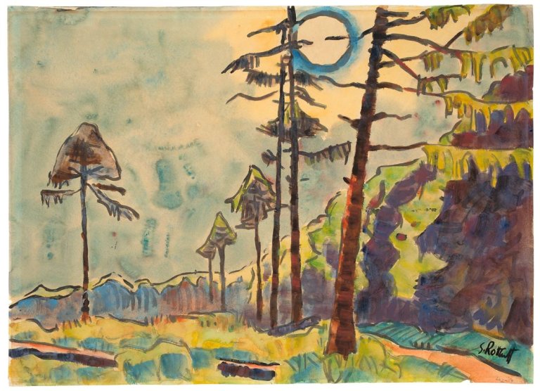 Auf diesem Bild ist das folgende Kunstwerk zu sehen: Karl Schmidt-Rottluff. Lärchen am Waldesrand. 1942.