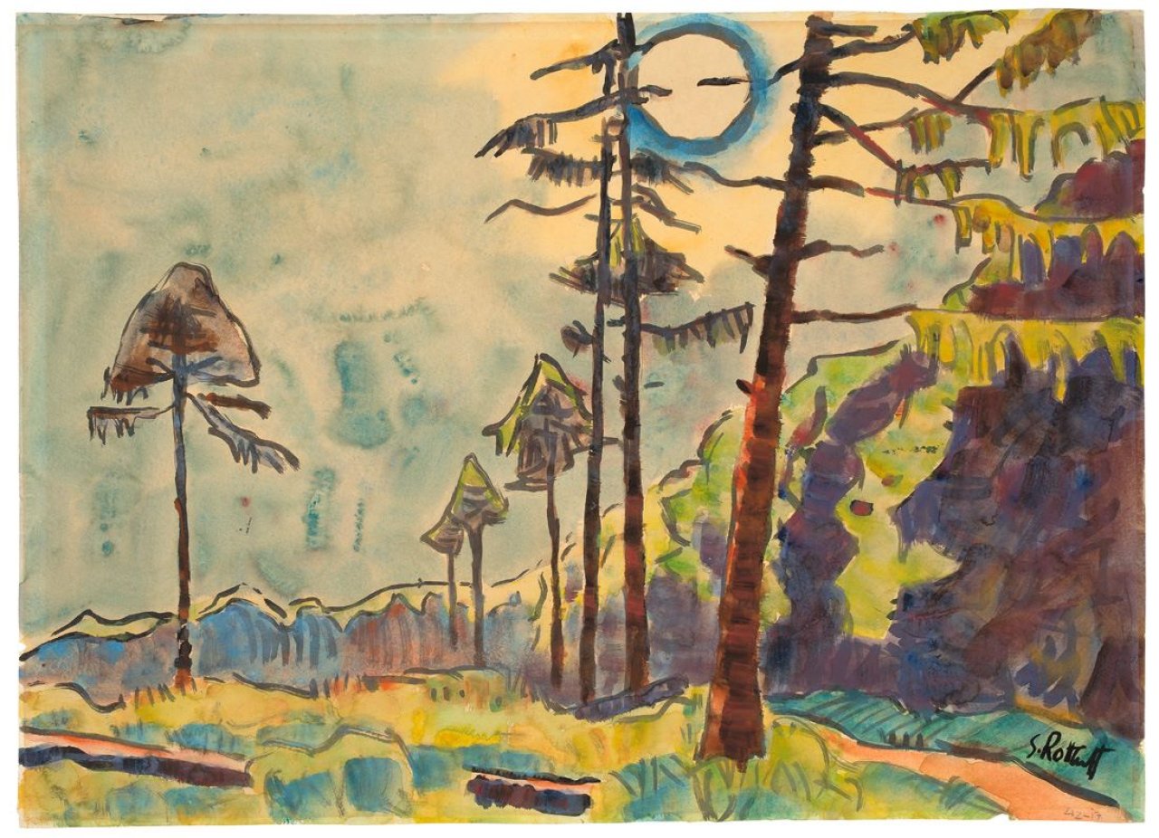 Auf diesem Bild ist das folgende Kunstwerk zu sehen: Karl Schmidt-Rottluff. Lärchen am Waldesrand. 1942.