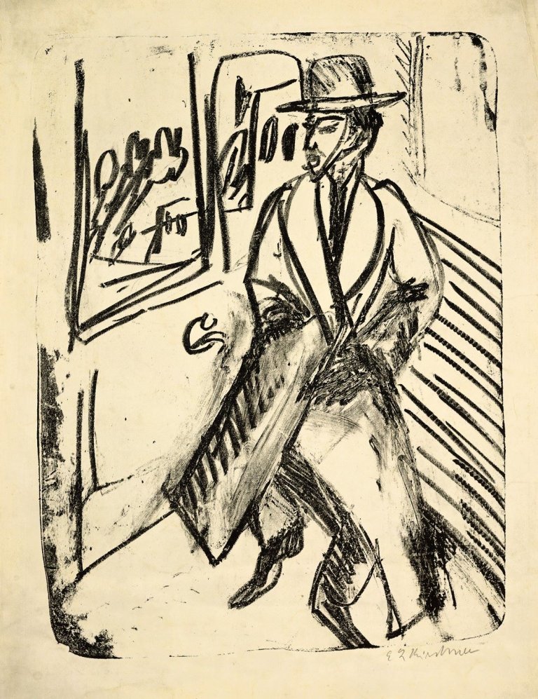 Auf diesem Bild ist das folgende Kunstwerk zu sehen: Ernst Ludwig Kirchner. „Reisender im Coupé“. 1912.