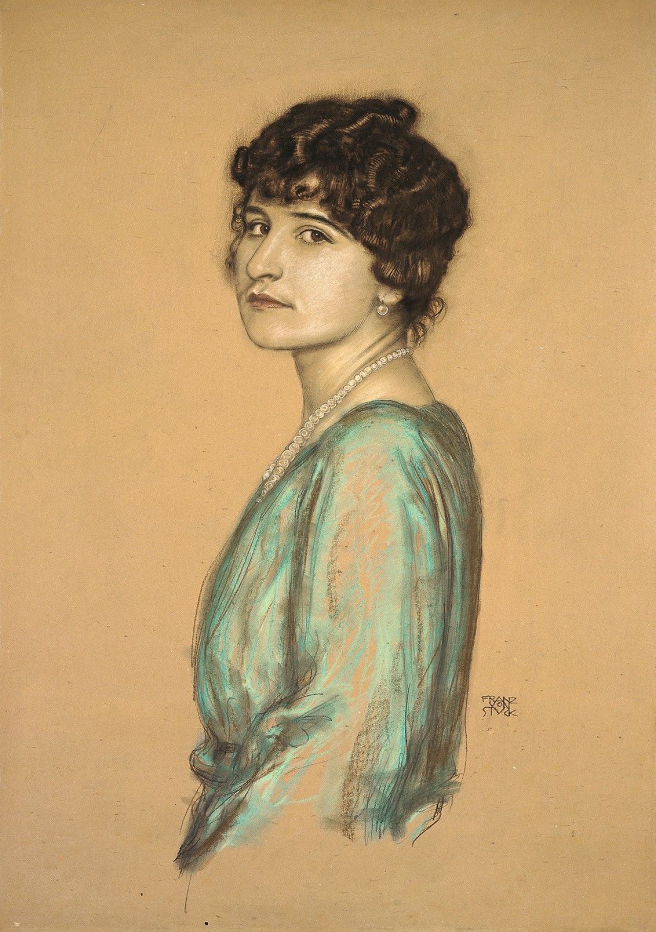 Auf diesem Bild ist das folgende Kunstwerk zu sehen: Franz von Stuck. Portrait einer jungen Frau.