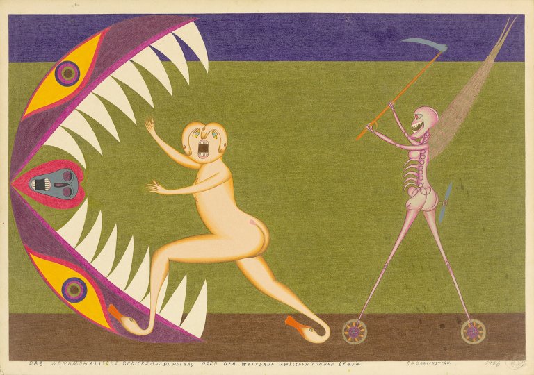 Auf diesem Bild ist das folgende Kunstwerk zu sehen: Friedrich Schröder-Sonnenstern. „Das mondmoralische Schicksalsduplikat oder der Wettlauf zwischen Tod und Leben“. 1956.