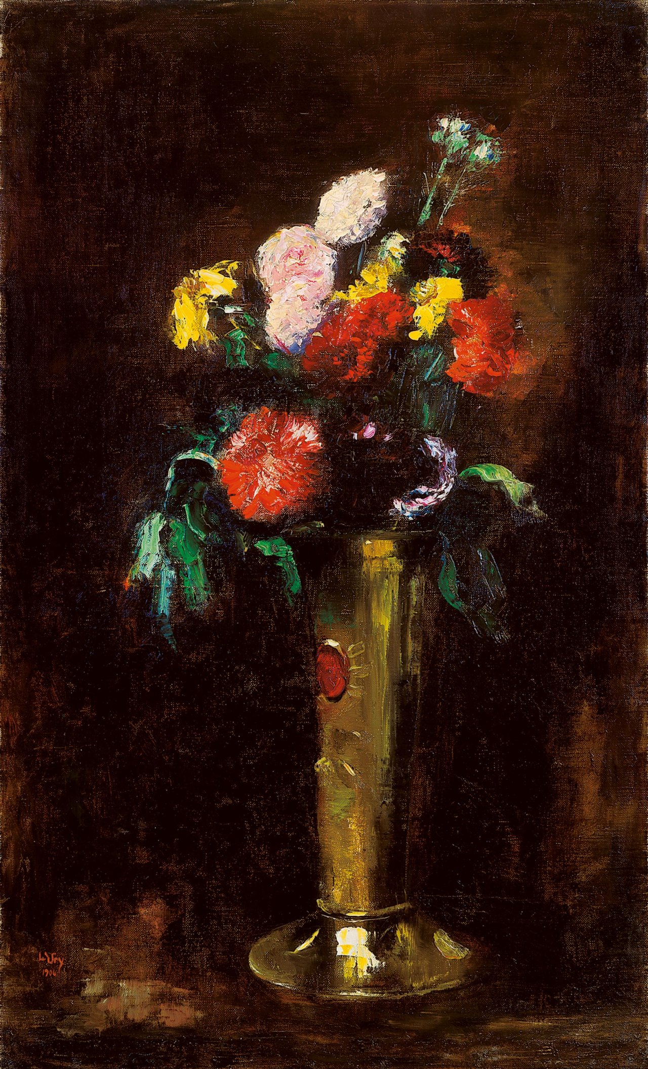 Auf diesem Bild ist das folgende Kunstwerk zu sehen: Lesser Ury. „Strauß mit Nelken in hoher Vase“. 1906.
