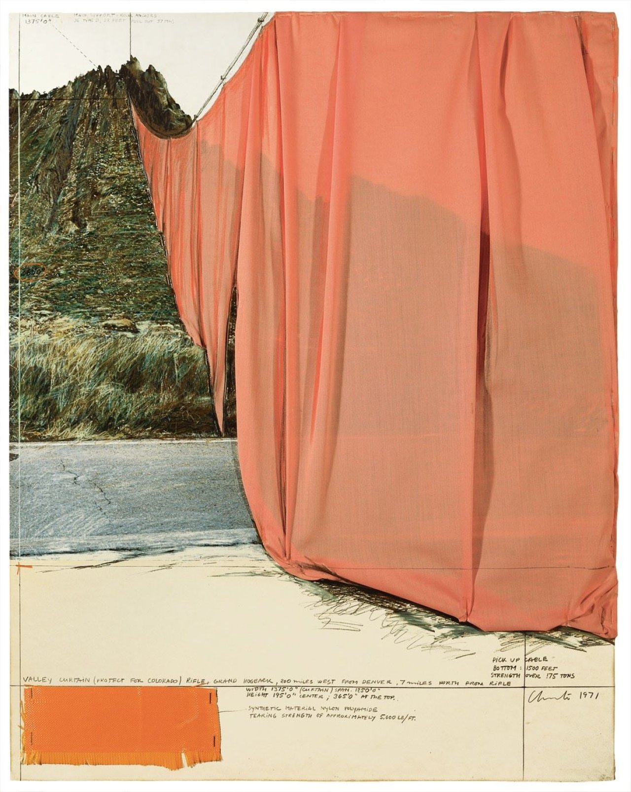 Auf diesem Bild ist das folgende Kunstwerk zu sehen:  Christo. „Valley Curtain (Project for Colorado)“. 1971.