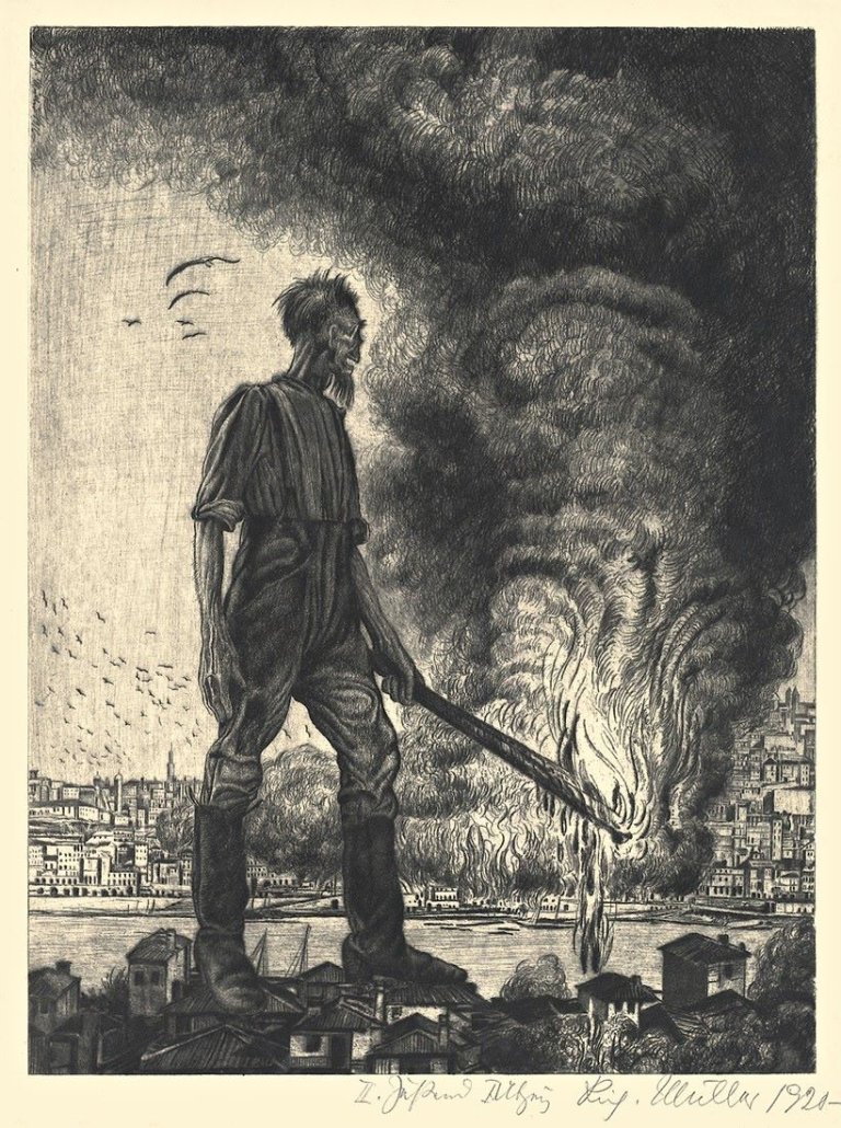 Auf diesem Bild ist das folgende Kunstwerk zu sehen: Richard Müller. „Der Tod als Brandstifter“. 1916.
