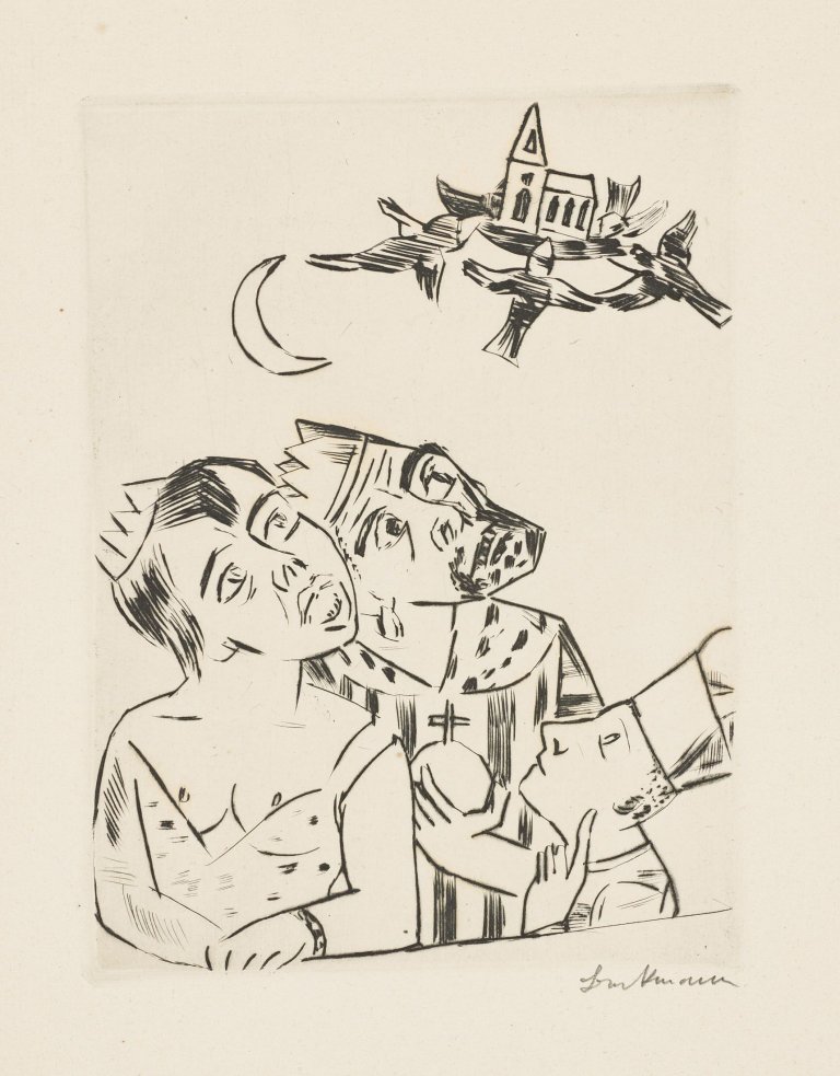 Auf diesem Bild ist das folgende Kunstwerk zu sehen: Max Beckmann. „König Jerum, Königin Würgipumba, Ursulus und die fliegende Kirche“. 1923.