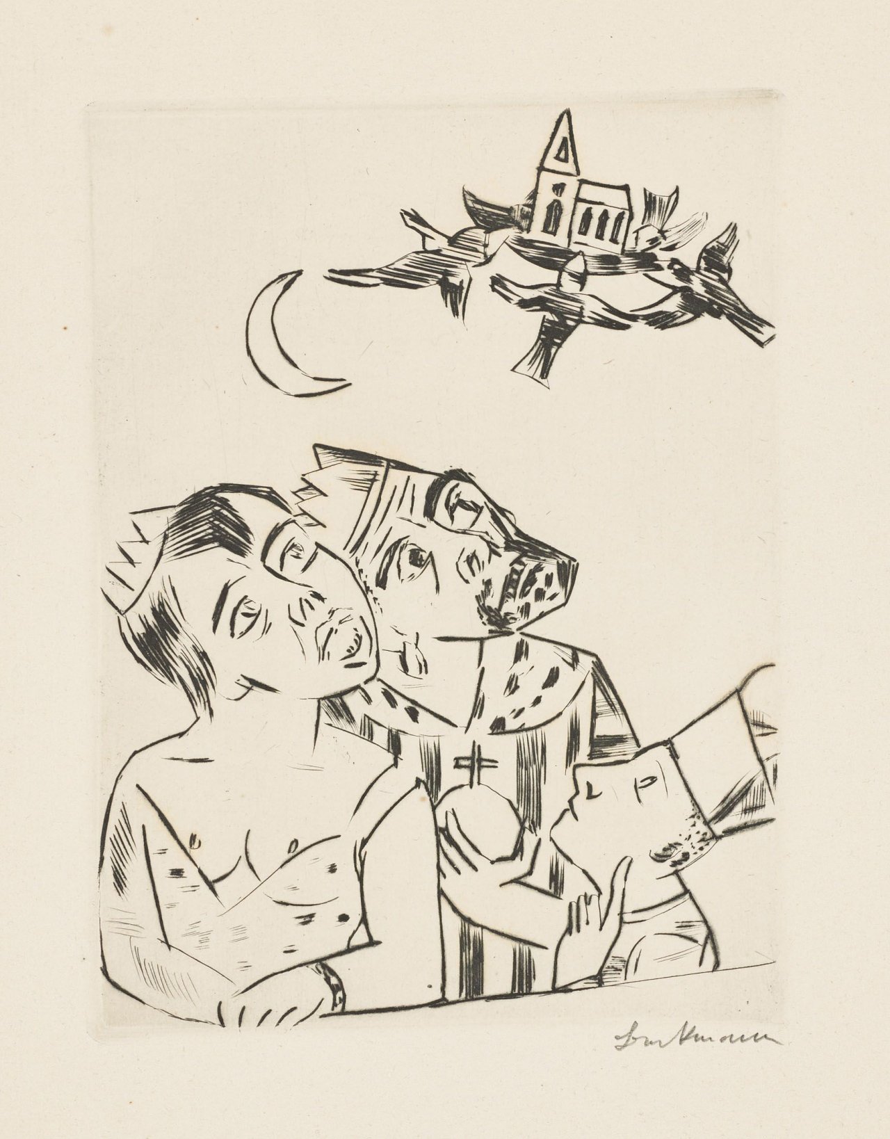 Auf diesem Bild ist das folgende Kunstwerk zu sehen: Max Beckmann. „König Jerum, Königin Würgipumba, Ursulus und die fliegende Kirche“. 1923.