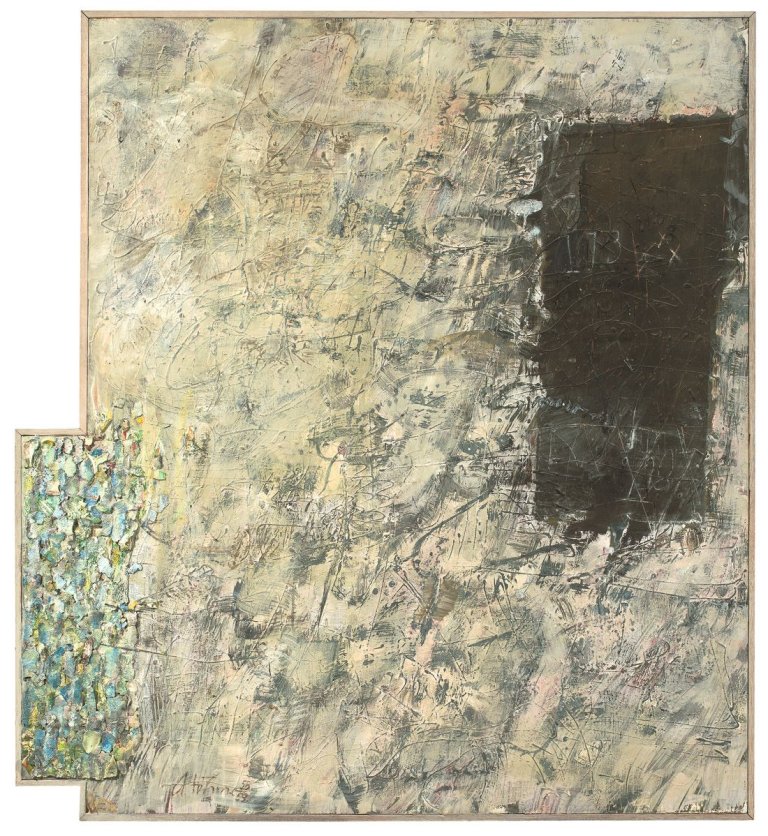 Auf diesem Bild ist das folgende Kunstwerk zu sehen: Gerhard Hoehme. „Zwischen Material und Zahl“. 1958/59.