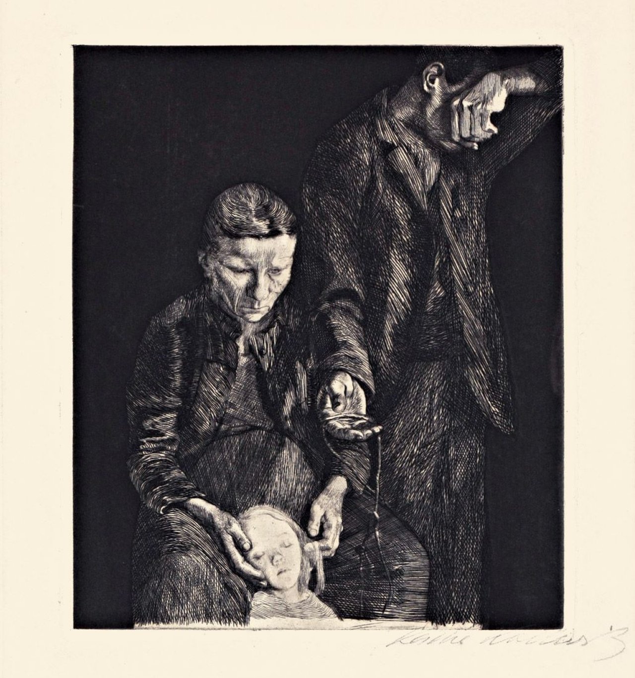 Auf diesem Bild ist das folgende Kunstwerk zu sehen: Käthe Kollwitz. „Zertretene. - Arme Familie“. 1900.