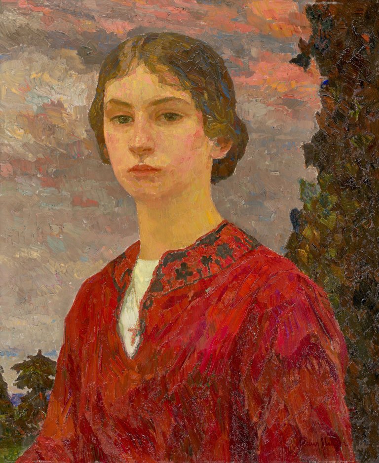 Auf diesem Bild ist das folgende Kunstwerk zu sehen: Hans Unger. Fräulein Heinze im roten Kleid.