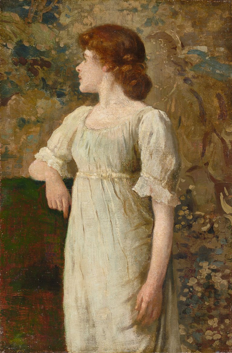 Auf diesem Bild ist das folgende Kunstwerk zu sehen: Otto Scholderer. Junge Frau im Dreiviertelprofil im Musselinkleid (seine Frau Luise, geb. Steuerwaldt?).
