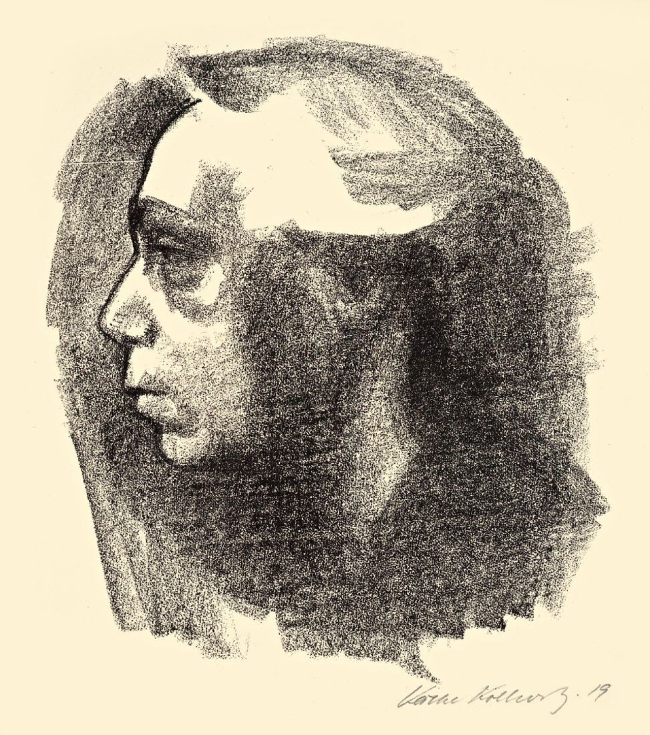 Auf diesem Bild ist das folgende Kunstwerk zu sehen: Käthe Kollwitz. „Selbstbildnis“. 1919.