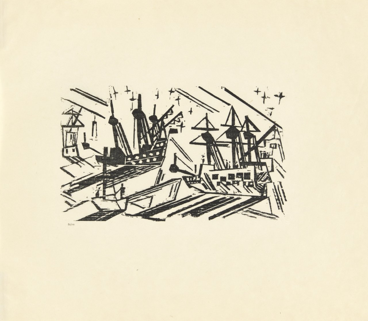 Auf diesem Bild ist das folgende Kunstwerk zu sehen: Lyonel Feininger. „Schiffe und Sterne“. Ca. 1926/1964.