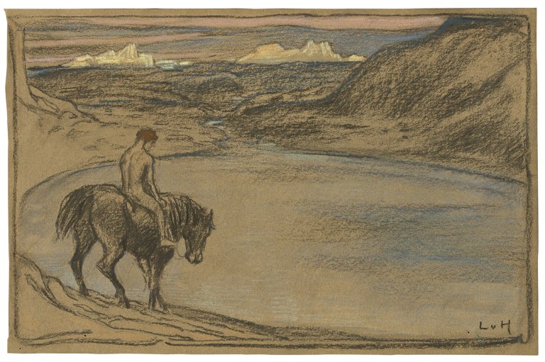 Auf diesem Bild ist das folgende Kunstwerk zu sehen: Ludwig von Hofmann. Jüngling zu Pferd an einem Gebirgssee.