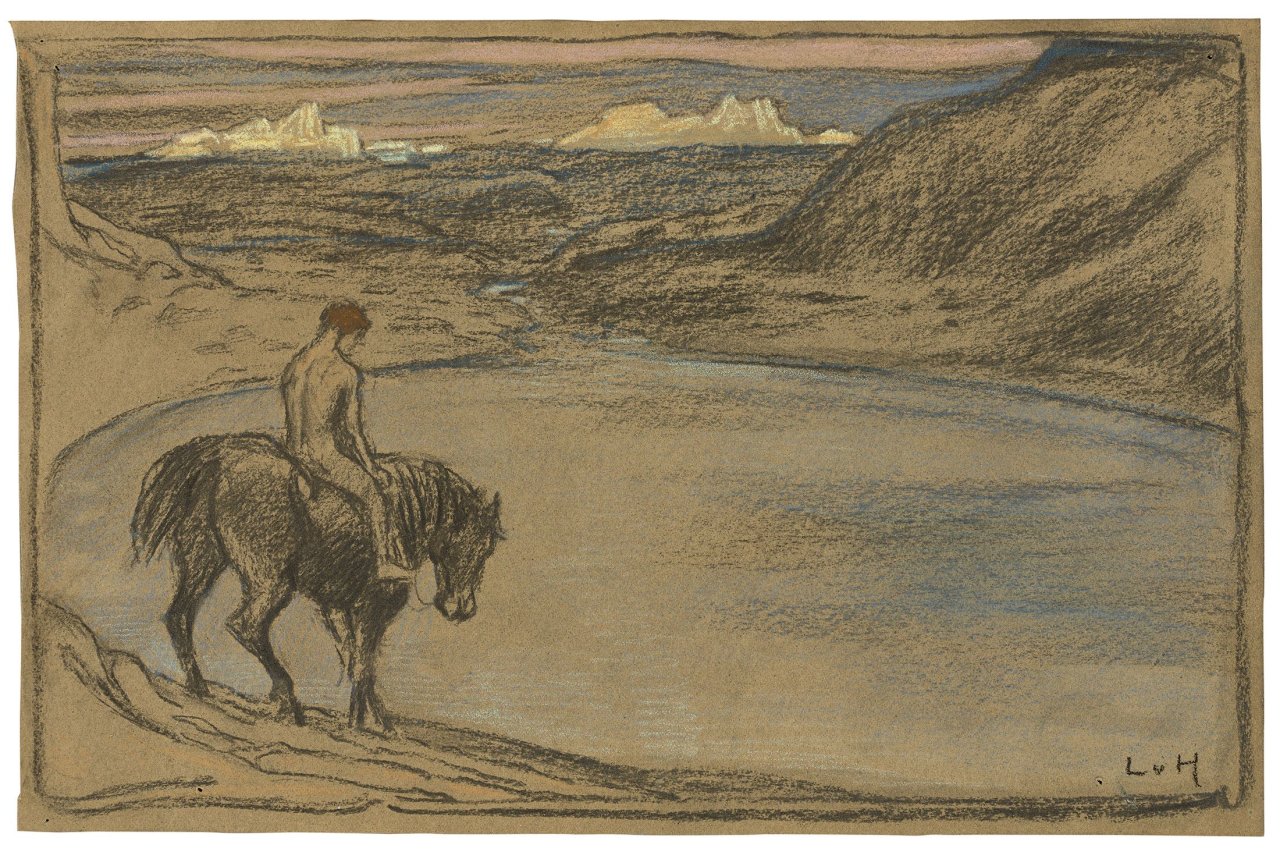 Auf diesem Bild ist das folgende Kunstwerk zu sehen: Ludwig von Hofmann. Jüngling zu Pferd an einem Gebirgssee.