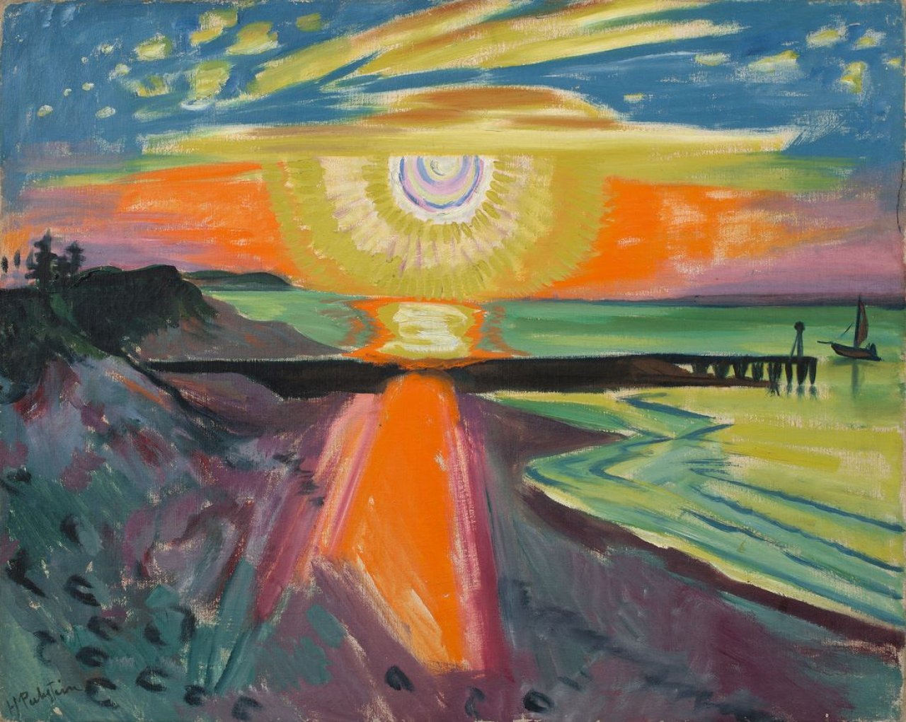 Auf diesem Bild ist das folgende Kunstwerk zu sehen: Max Pechstein. „Sonnenuntergang an der See“. 1921.