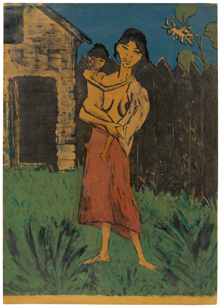 Auf diesem Bild ist das folgende Kunstwerk zu sehen: Otto Mueller. „Stehende Zigeunerin mit Kind auf dem Arm“. 1926/27.