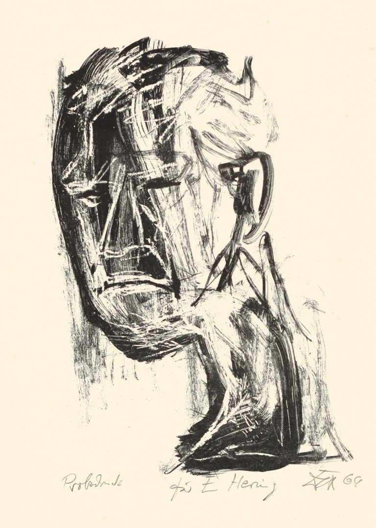 Auf diesem Bild ist das folgende Kunstwerk zu sehen: Otto Dix. „Selbstportrait (mit dunklem Gesicht, nach links)“. 1966.