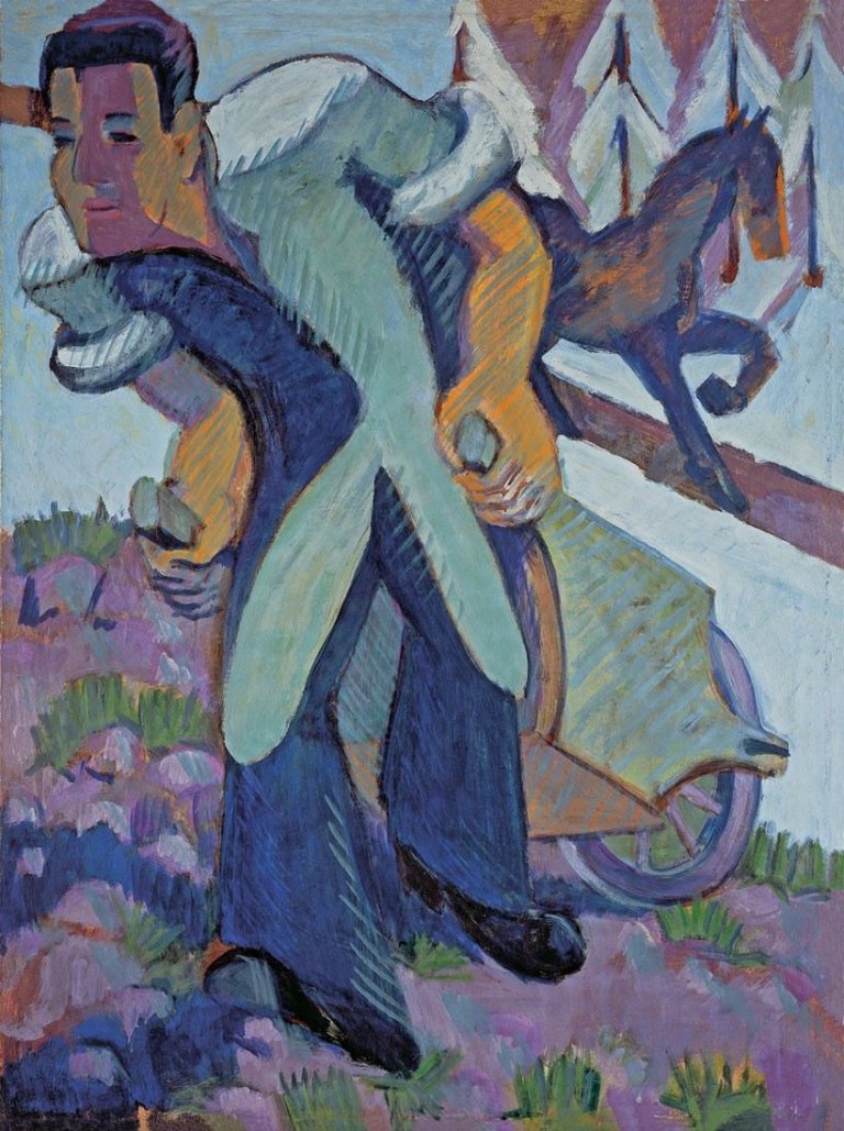 Auf diesem Bild ist das folgende Kunstwerk zu sehen: Ernst Ludwig Kirchner. „Bauer, einen Schubkarren ziehend“. 1925-26/1932.
