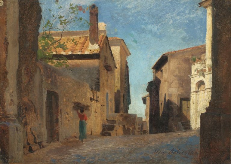 Auf diesem Bild ist das folgende Kunstwerk zu sehen: Oswald Achenbach. Italienische Dorfstraße. Um 1850.