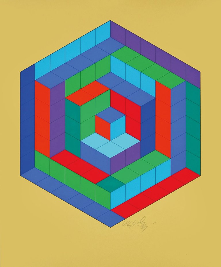 Auf diesem Bild ist das folgende Kunstwerk zu sehen: Victor Vasarely. „Sin-hat a“. 1972.