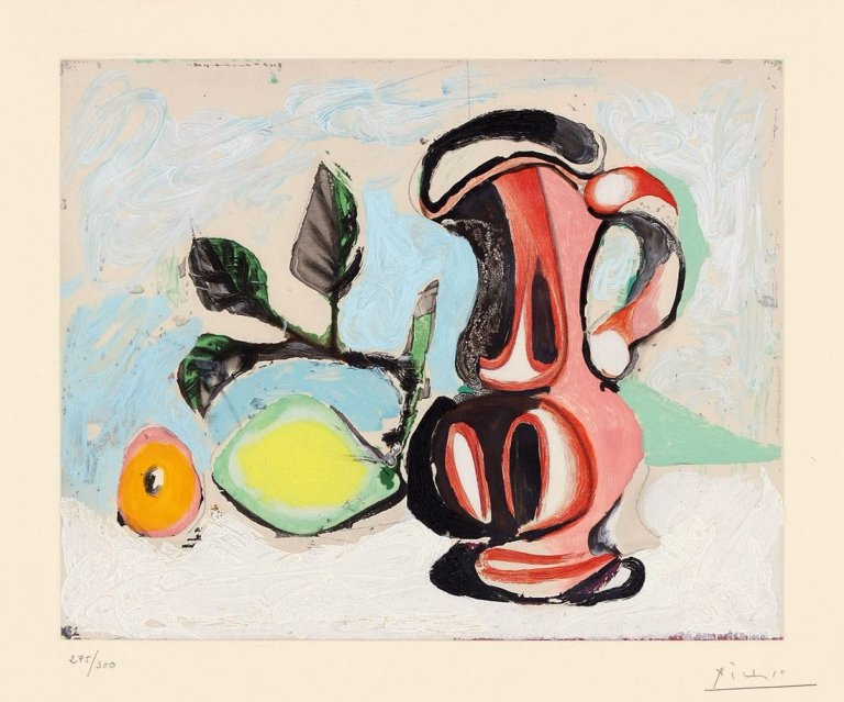 Auf diesem Bild ist das folgende Kunstwerk zu sehen: Nach Pablo Picasso. Nature Morte au citron et au pichet rouge. 1955.