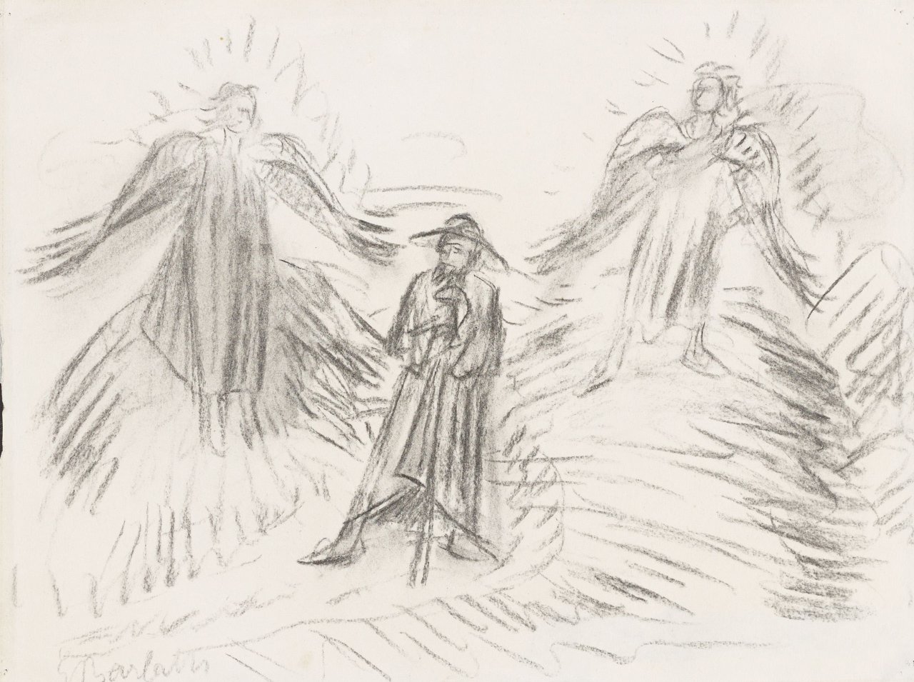 Auf diesem Bild ist das folgende Kunstwerk zu sehen: Ernst Barlach. Reisender mit zwei Engeln. 1924.