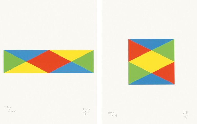 Auf diesem Bild ist das folgende Kunstwerk zu sehen: Max Bill. „Vier Quantengleiche Variationen - aus Blau und Gelb wird Rot und Grün“. 1989.