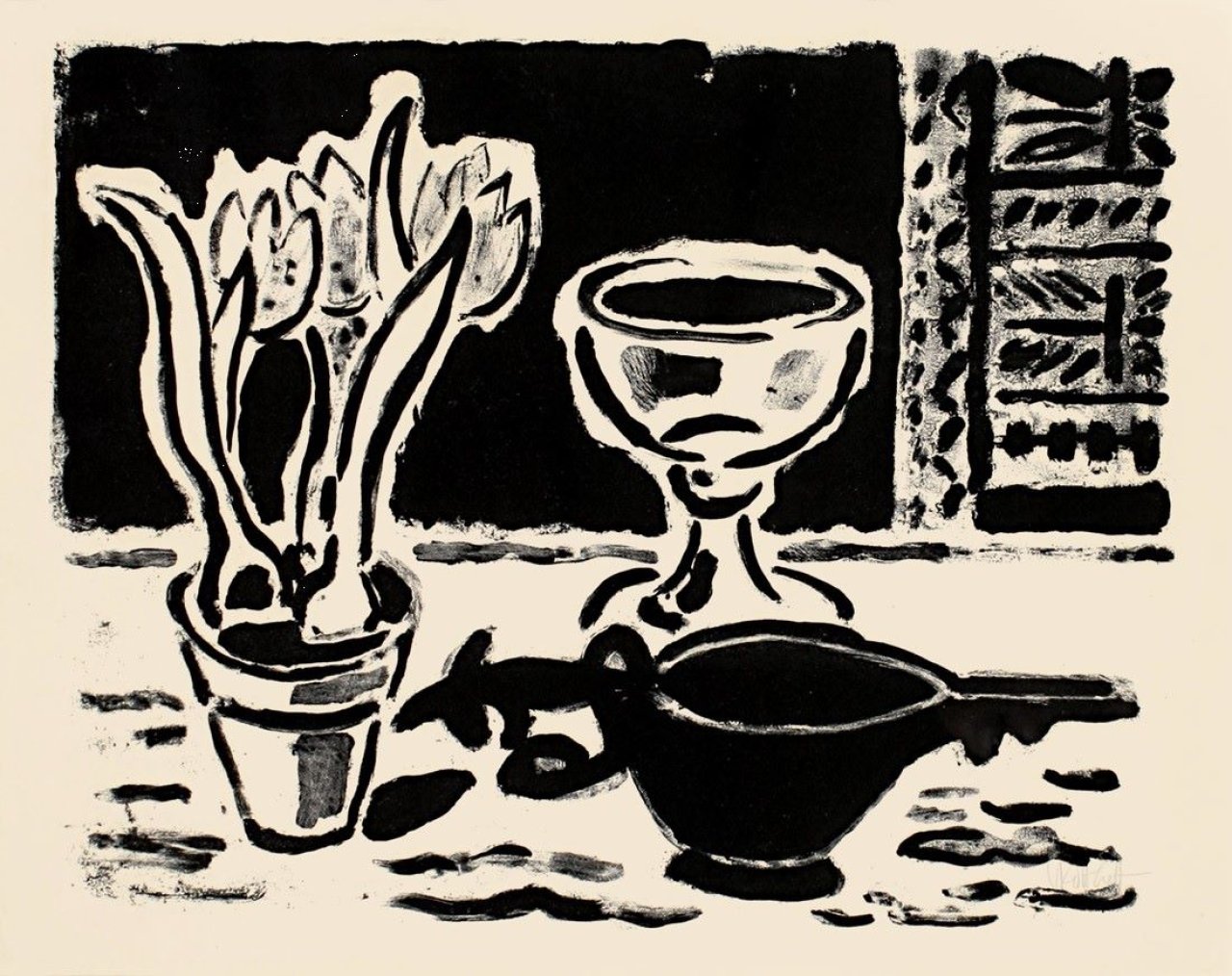 Auf diesem Bild ist das folgende Kunstwerk zu sehen: Karl Schmidt-Rottluff. „Stilleben mit Krokustopf“. Wohl 1953/54.