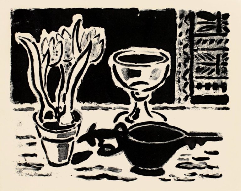 Auf diesem Bild ist das folgende Kunstwerk zu sehen: Karl Schmidt-Rottluff. „Stilleben mit Krokustopf“. Wohl 1953/54.