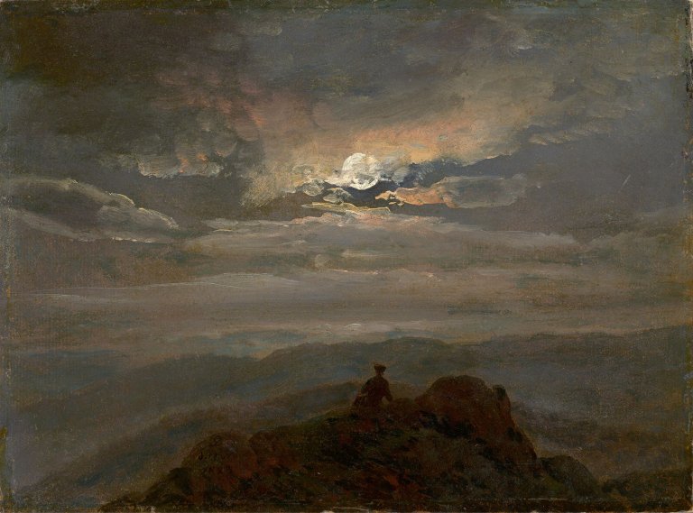 Auf diesem Bild ist das folgende Kunstwerk zu sehen: Johan Christian Clausen Dahl. Mondscheinlandschaft („Wanderer on a Mountain Top“). 1823.