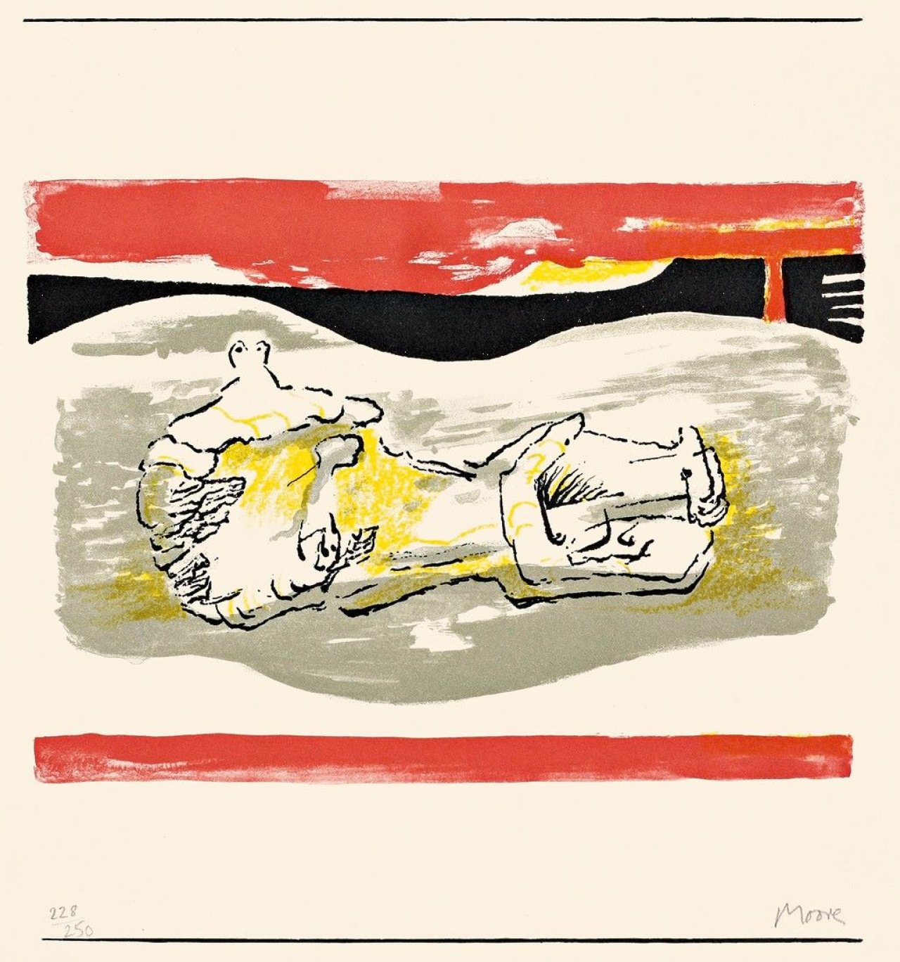 Auf diesem Bild ist das folgende Kunstwerk zu sehen: Henry Moore. „Reclining figures with red stripes“. 1973.
