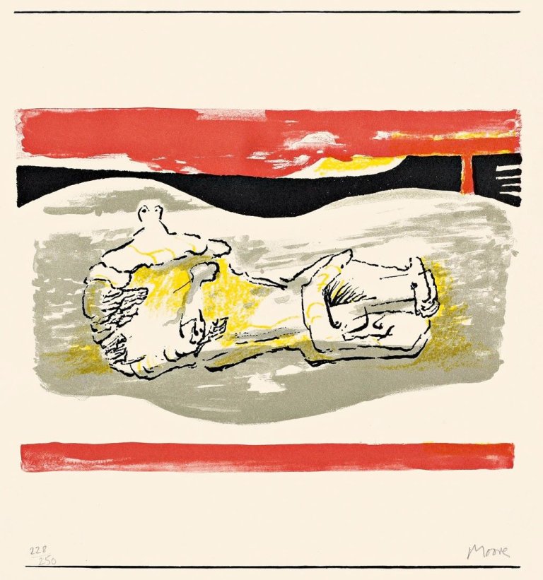 Auf diesem Bild ist das folgende Kunstwerk zu sehen: Henry Moore. „Reclining figures with red stripes“. 1973.