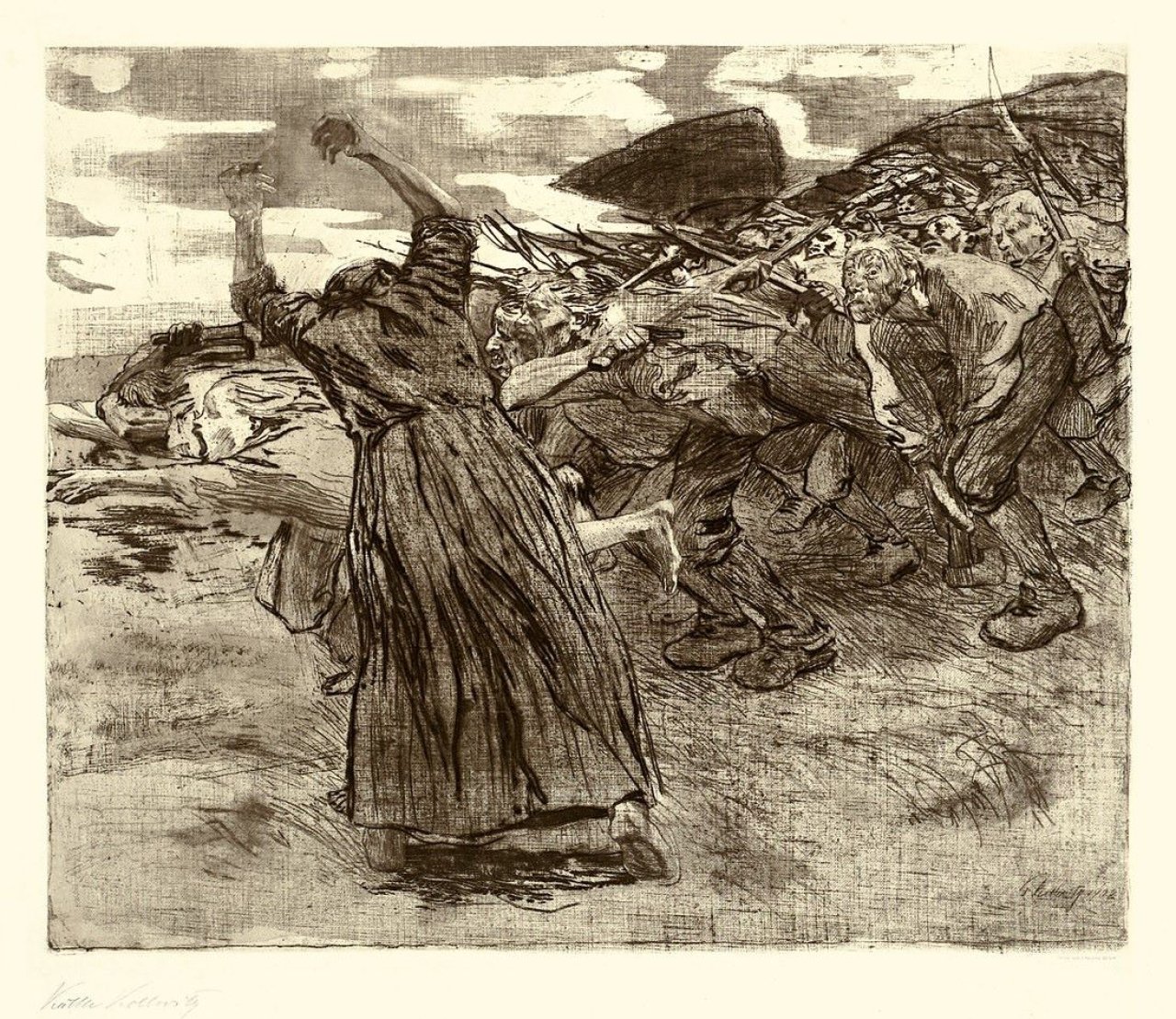 Auf diesem Bild ist das folgende Kunstwerk zu sehen: Käthe Kollwitz. „Losbruch“. 1903.