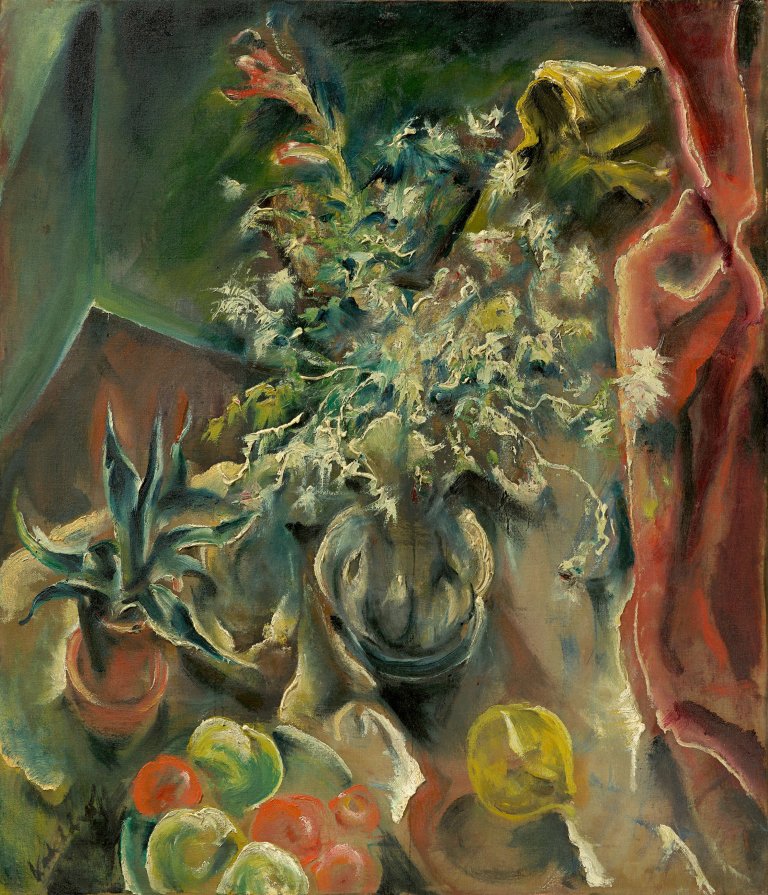 Auf diesem Bild ist das folgende Kunstwerk zu sehen: Wilhelm Kohlhoff. Tischstillleben mit Blumen und Früchten. Um 1924.