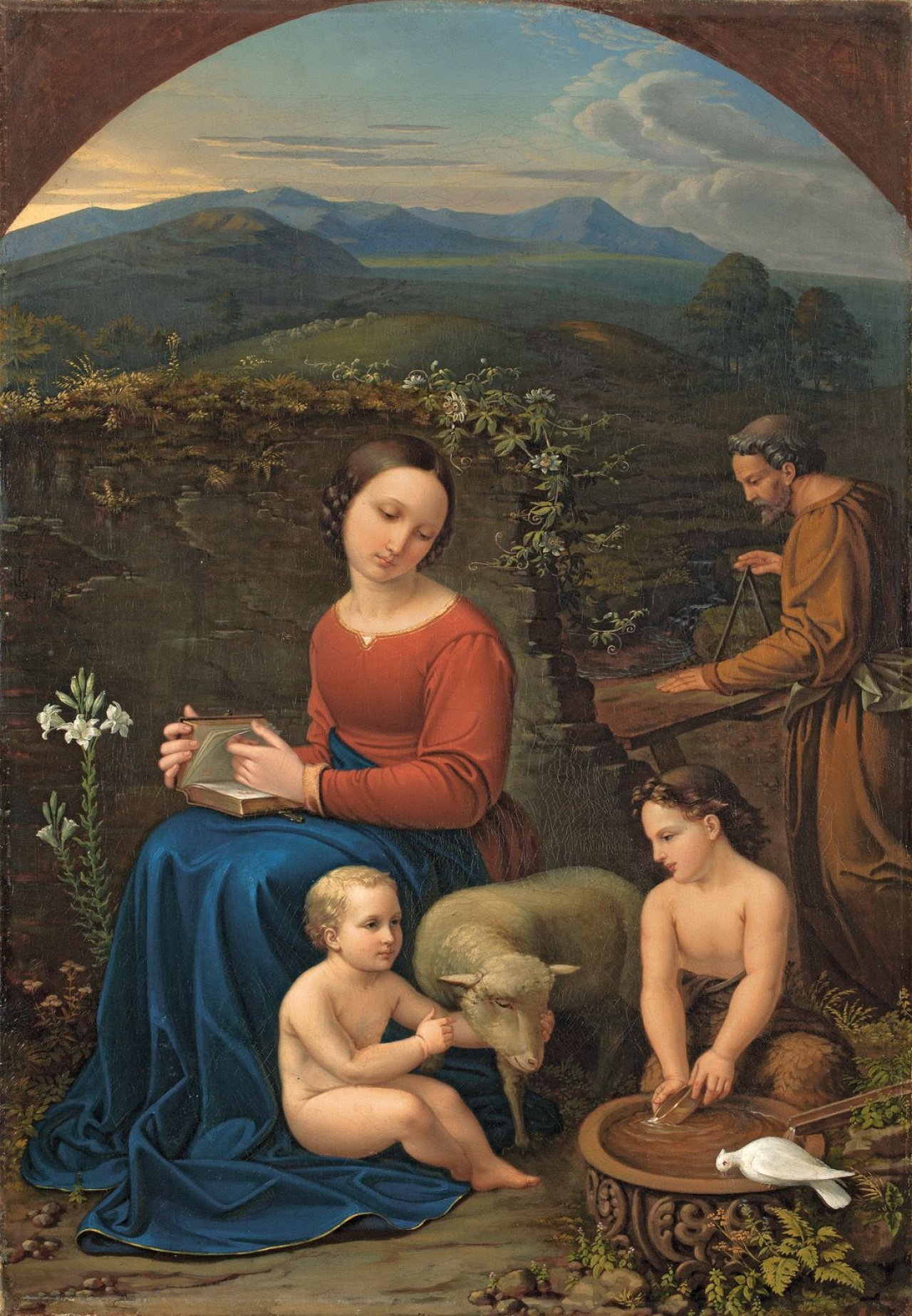 Auf diesem Bild ist das folgende Kunstwerk zu sehen: Ludwig Emil Grimm. „Heilige Familie mit Johannesknaben in einer Landschaft“. 1822/1834.