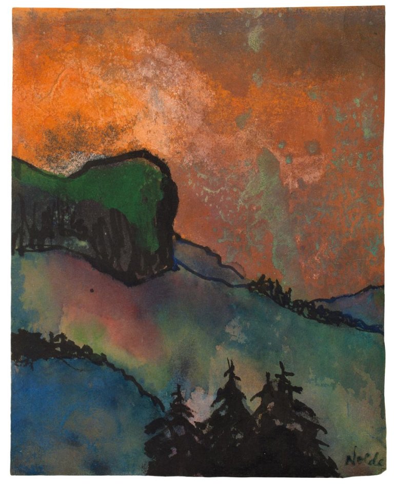 This picture shows the following artwork: Emil Nolde. „Berglandschaft und schwarze Tannen”. Circa 1935.