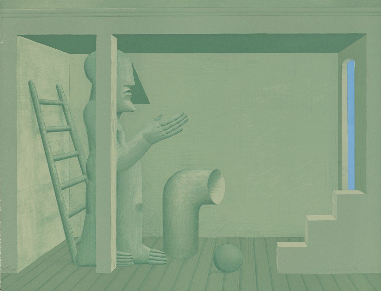 Auf diesem Bild ist das folgende Kunstwerk zu sehen: Horst Antes. Grünes Interieur mit Figur und Leiter. Um 1976.