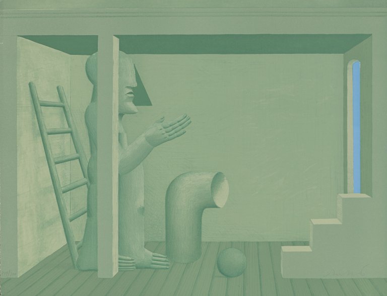 Auf diesem Bild ist das folgende Kunstwerk zu sehen: Horst Antes. Grünes Interieur mit Figur und Leiter. Um 1976.
