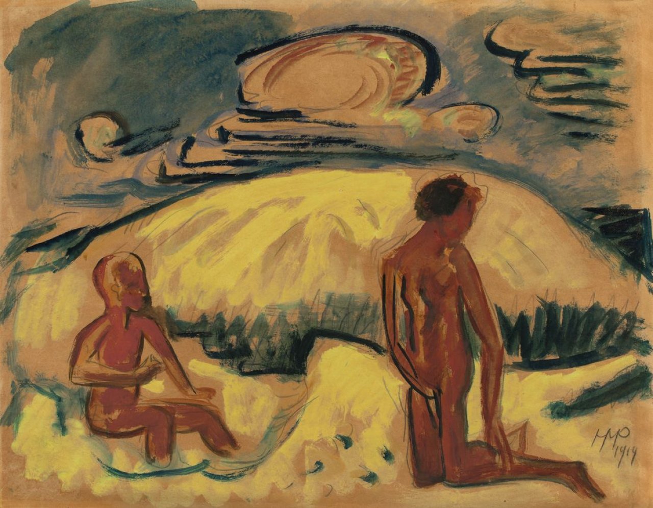 Auf diesem Bild ist das folgende Kunstwerk zu sehen: Max Pechstein. Mutter und Kind vor der Düne. 1919.