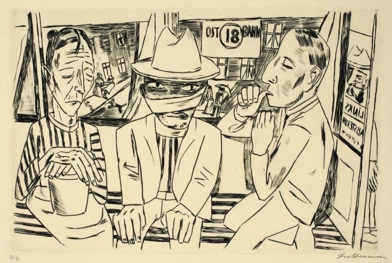 Auf diesem Bild ist das folgende Kunstwerk zu sehen: Max Beckmann. „In der Trambahn“. 1922.