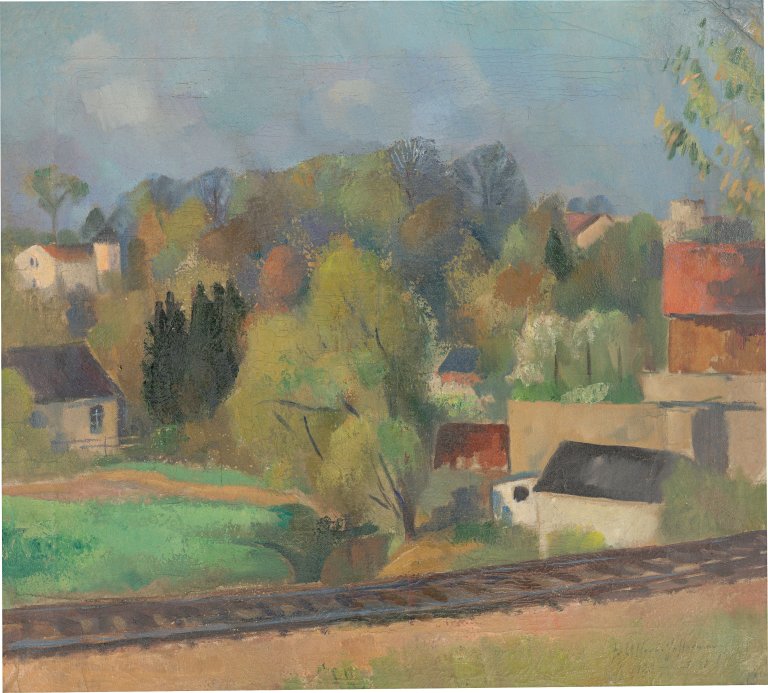Auf diesem Bild ist das folgende Kunstwerk zu sehen: Friedrich Ahlers-Hestermann. Dorf mit Bahngleisen. 1923/41.