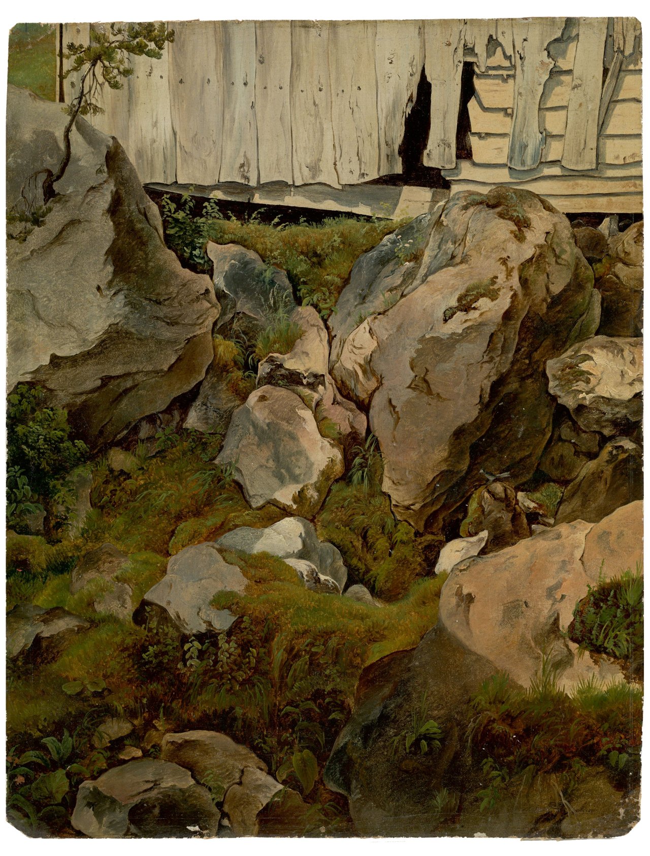 Auf diesem Bild ist das folgende Kunstwerk zu sehen:  Österreichisch / Deutsch, um 1830. Moosbewachsene Felsen vor einer Hütte.